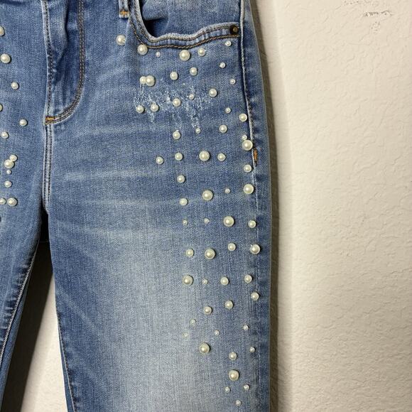 Aqua Pearl Embellished Raw Hem Skinny Jeans 26 - Picture 4 of 8
